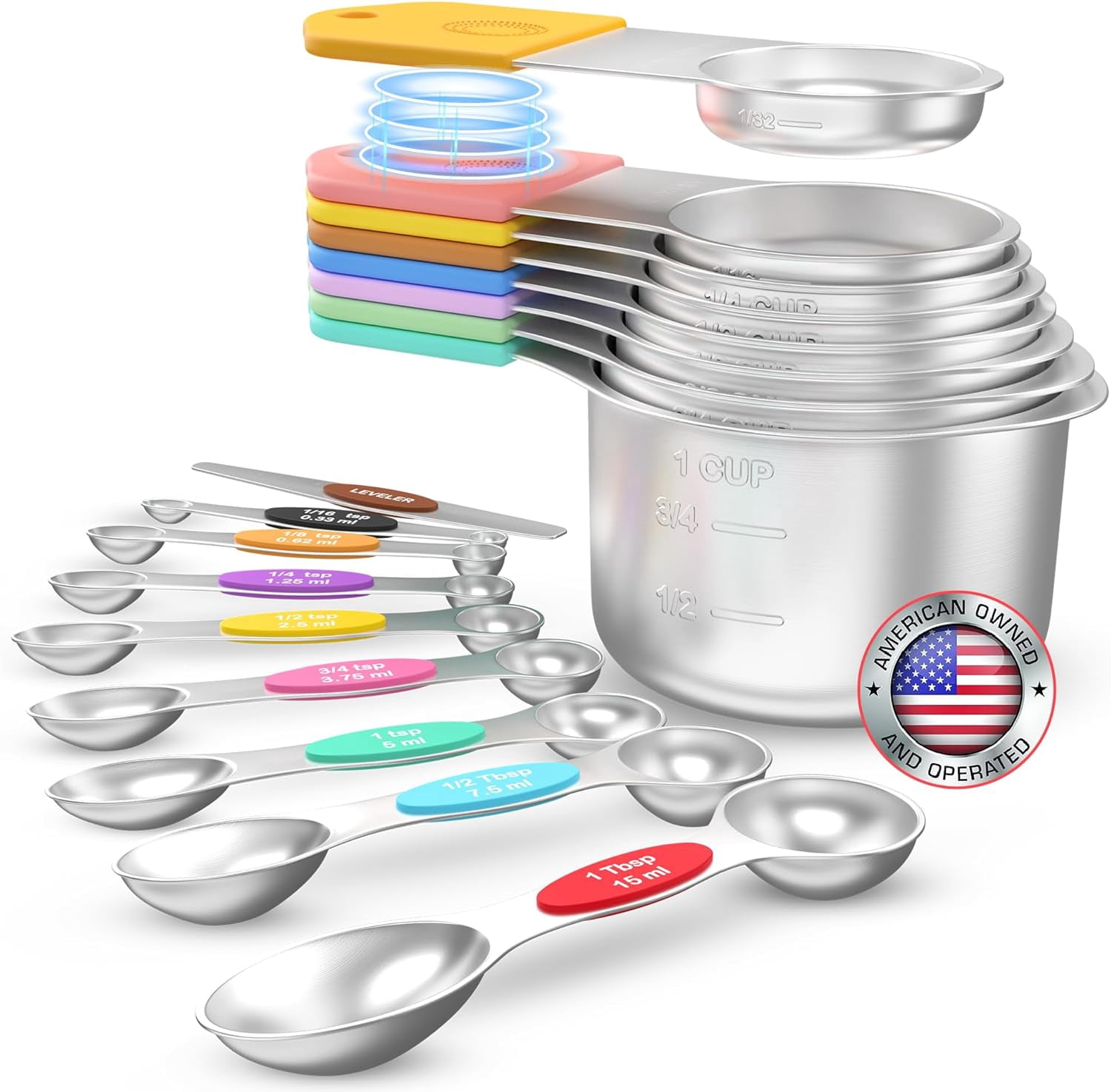 Magnetic Measuring Cups and Spoons Set of 17 - Stackable Stainless ...