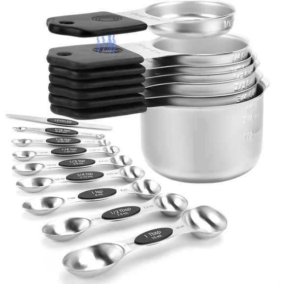 Magnetic Measuring Cups and Spoons Set-Heavy Duty 304 Stainless Steel，Double Measurement Markings，Set of 16 with Leveler for Measure Dry and Liquid Ingredients (Black)