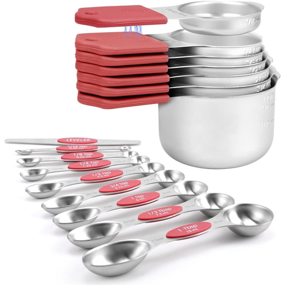 Magnetic Measuring Cups and Spoons Set-Heavy Duty 304 Stainless Steel,Double Measurement Markings,Set of 16 with Leveler for Measure Dry and Liquid Ingredients