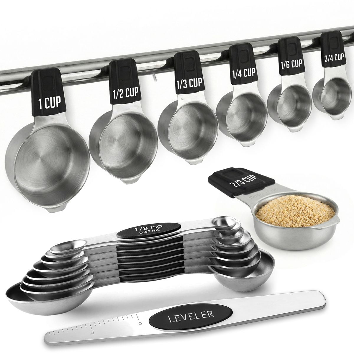 Magnetic Measuring Cups and Spoons Set, Stainless Steel with Easy-to-Read Markings, Dual-Sided N40 Magnetic Tool for Precise Dry & Liquid Measuring