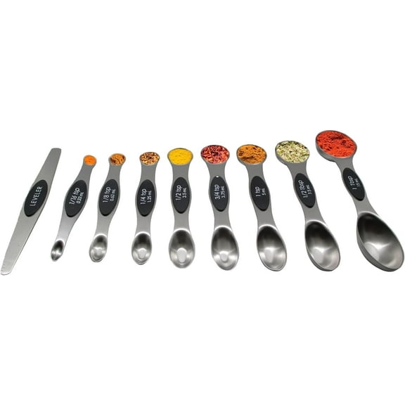 Magnetic Measuring Spoon - Dual Sided, Stainless Steel Tablespoons for Baking & Cooking - Stackable Teaspoon & Leveler - Measure Spoon Set for Dry & Liquid Ingredients - Stackable Design