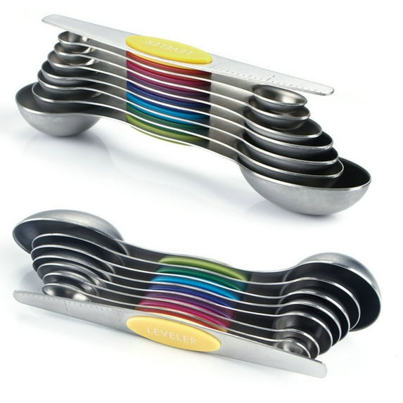 Magnetic Measuring Spoons Modern Design MULTI-COLOR Set of 8 Stainless Steel Dual Sided Stackable Nesting TSP and TBS (8-Pc Set)