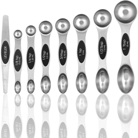 Magnetic Measuring Spoons Set of 8 with Leveler, Stainless Steel Metal Measuring Spoon, Dual Sided for Measuring Dry and Liquid Ingredients, Teaspoon Tablespoon Measure Spoons (Black)