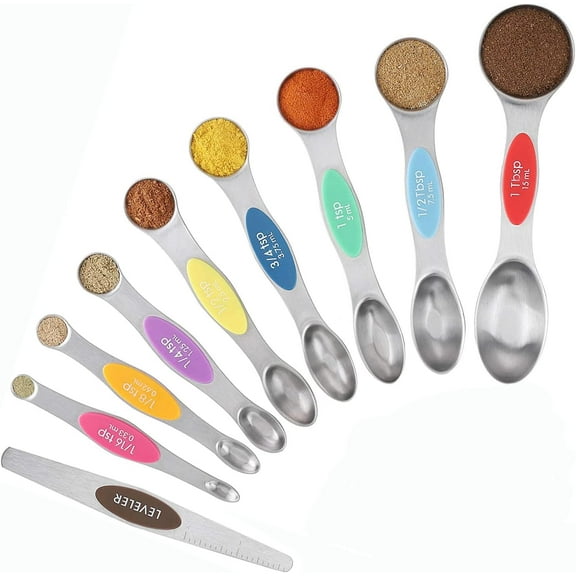 Magnetic Measuring Spoons Set of 9, Metal Kitchen Teaspoon Tablespoon w/Leveler for Measuring Dry Liquid Ingredients, Fits in Spice Jars, Colorful Dual Sided Stainless Steel Spoon for Cooking Baking