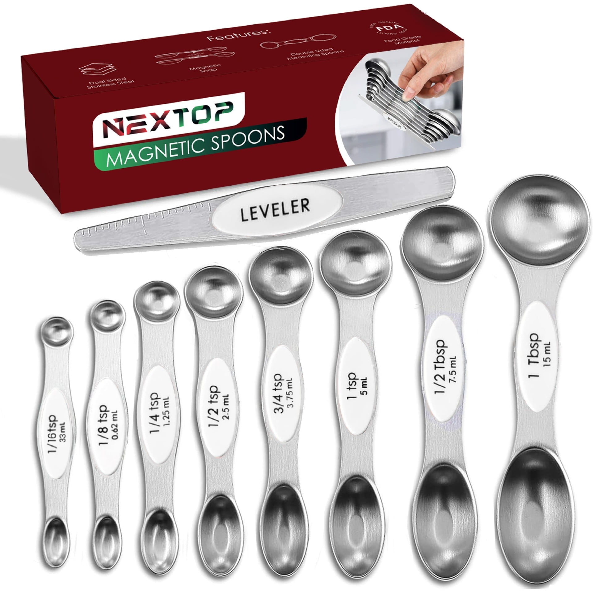 Magnetic Measuring Spoons Set of 9 Stainless Steel Dual-Sided Stackable ...