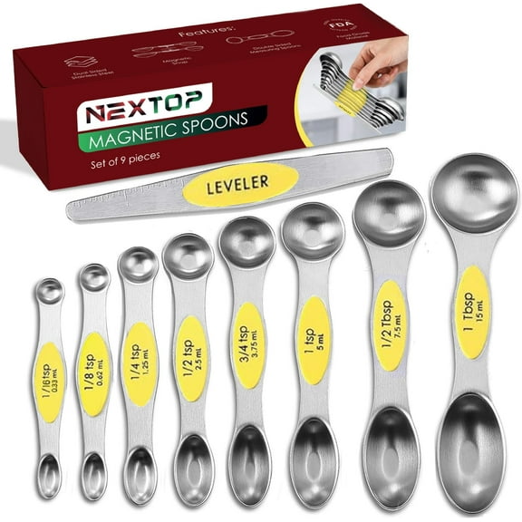 Magnetic Measuring Spoons Set of 9 Stainless Steel Dual-Sided Stackable Measuring Spoon Nesting Teaspoons Measuring Dry and Liquid Ingredients, Fits in Spice Jars Set of 9 - Yellow