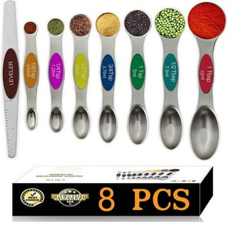Retro Plastic Measuring Spoons, Orange, Red, White and Green Plastic. 1  TBLE, 1 Teaspoon, 1 Third and 1 Fourth. 