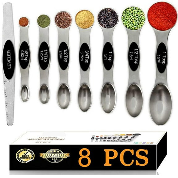Magnetic Measuring Spoons Set, Dual Sided, Stainless Steel, Fits in Spice Jars (8Pcs-Black)