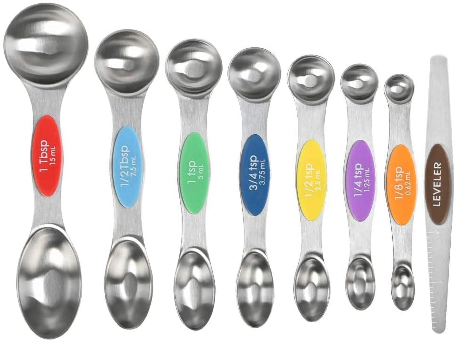 Magnetic Measuring Spoons Set, Dual Sided, Stainless Steel, Fits in Spice Jars (8 Pieces-Multicolor), YF02