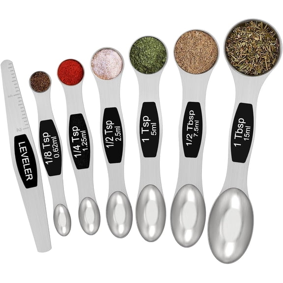 Magnetic Measuring Spoons Set - Stainless Steel Double Sided Measuring Spoons Set of 7 Black, for Dry & Liquid Ingredients, Including 6 Heavy Duty Nesting Spoons, 1 Leveler, Fits in Spice Jar