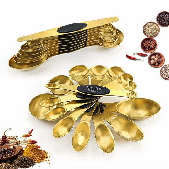 Rongsi 9 Piece Magnetic Measuring Spoons Set, Stainless Steel, Dual Sided, Stackable, Dual Sided for Measuring Dry and Liquid Ingredients, Fits in Spice Jars, Gold