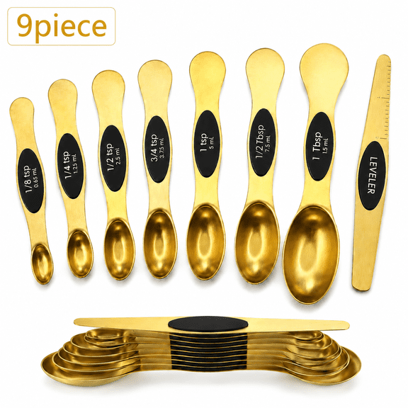Rongsi 9 Piece Magnetic Measuring Spoons Set, Stainless Steel, Dual Sided, Stackable, Dual Sided for Measuring Dry and Liquid Ingredients, Fits in Spice Jars, Gold