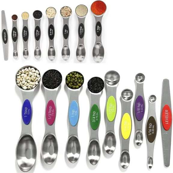 Magnetic Measuring Spoons Set Stainless Steel with Leveler-9pcs Multicolors Measuring Cups Set for Baking, Measuring Cups and Spoon Set Kitchen Gadgets Apartment Essentials Fits in Spice Jars