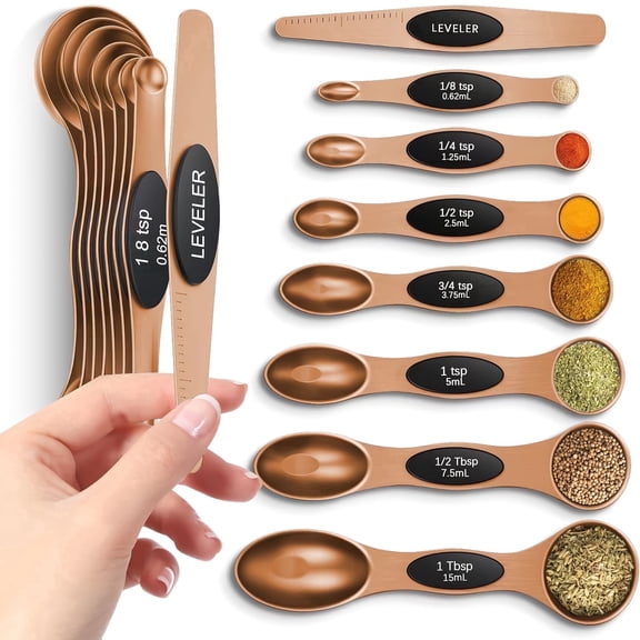 Magnetic Measuring Spoons Set with Strong Magnets, Heavy Duty Stainless Steel Metal, Fits in Most Kitchen Spice Jars for Baking & Cooking, Multicolor (Rose Gold)