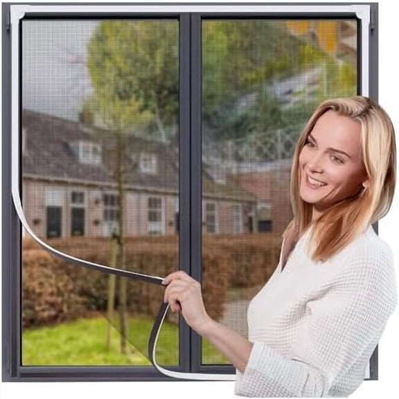 Magnetic Window Screen Mesh Adjustable Replacement Net Max 39" x 59", DIY Fiberglass Screens for House Windows White Frame Grey