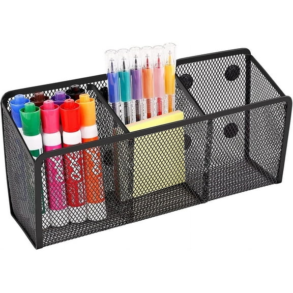 Magnetic Mesh Pen Holder,Mesh Stainless Steel Pen Basket,Casewin 3 Compartments Magnetic Pencil Holder for Whiteboard Refrigerator Locker Home Office, Large, 10.5"