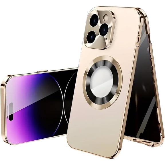 Magnetic Metal Edge Full Body Military Drop Protection for iPhone 13 Pro Max Case,Compatible with ,Rugged Built-in Privacy Screen Protector Logo View Shockproof Cover,Gold