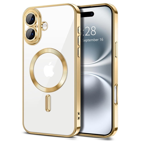 Magnetic Metallic Border TPU Case for iPhone 17 with Tempered Glass Screen Protector - Gold