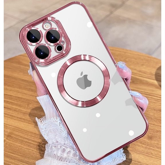 Magnetic Metallic Glossy Clear for iPhone 13 Pro Max Case with Full Camera Cover Protection [No.1 Strong N52 Magnets] [Military Grade Drop Protection]6.7"-Pink