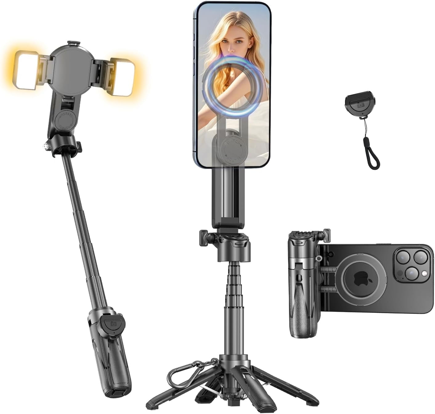 Magnetic Mini Phone Selfie Stick, Mag-Safe 4 in 1 Small Portable Pocket Tripod for iPhone/Android, with Removable Clip, Remote & 2 Fill Light Photograph/Live Streaming/Video Recording