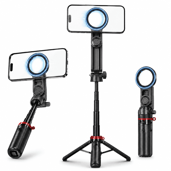 Magnetic Selfie Stick Tripod, 4-in-1 Phone Holder with Bluetooth Remote, 360°Rotatable Travel Phone Tripod Stand for iPhone/Android, Video Recording & Vlogging