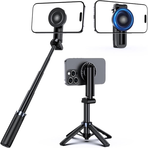 Magnetic Mini Selfie Stick Tripod with Rechargeable Remote, Pocket Tripod for iPhone/Android, Compact Travel Stand for TikTok, YouTube, Live Streaming, Vlogging, Adjustable Holder
