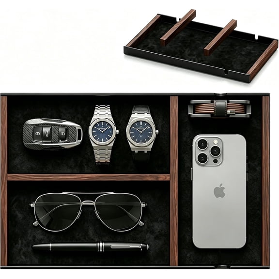 Magnetic Modular Desk Organizer & EDC Valet Tray Your Order Freely Defined Metal & Solid Walnut Catchall Tray for Nightstand, Entryway, Desk Modern Catch-All for Watch Phone Glasses