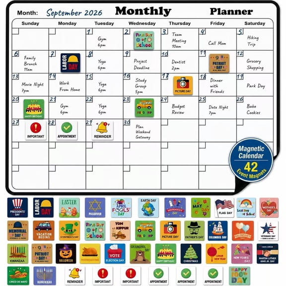 Magnetic Monthly Calendar for Fridge with 42 Event Magnets, Dry Erase Family Command Center, Reusable Refrigerator Planner for Appointments, School Activities, Holidays & Meal Planning