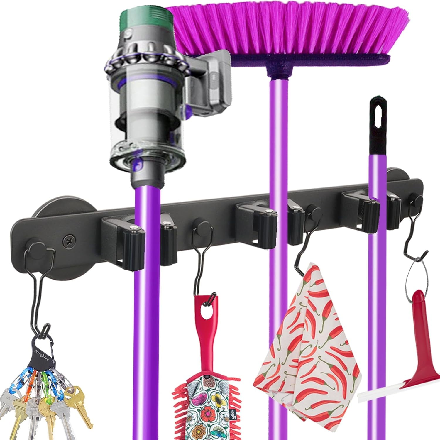 Magnetic Mop Broom Holder, Heavy Duty Magnetic Mop Hanger with Swivel Hooks for Cleaning Tools, Strong Magnet Mount Tool Hanger Organize System Utility Rack for Refrigerators Laundry Garage