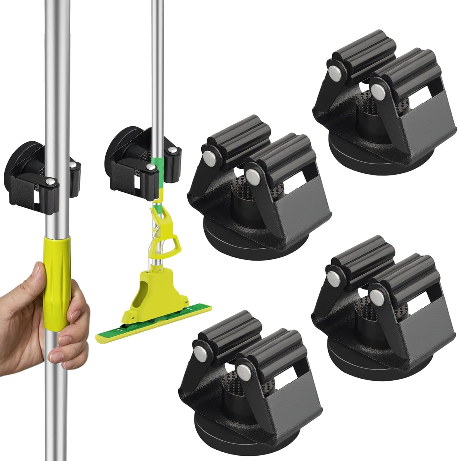 Magnetic Mop Broom Holder,Heavy Duty Movable Magnetic Broom Holder Rack,Anti-slip Wall Mounted Utility Storage Mop Shovel Hanger for Garage, Kitchen, Laundry, Garden(4 Pack/Black)