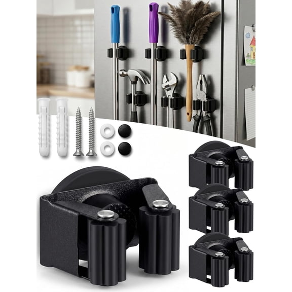 Magnetic Mop and Broom Holder, No-Drill Movable Heavy Duty Broom Holder Wall Mount Tool Organizer with Anti-Slip Rollers, Magnetic Laundry Organizer for Refrigerator, Garage, Kitchen, Rv (4pcs+box)