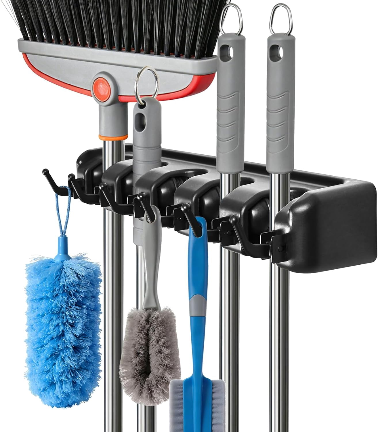 Magnetic Mop Broom Holder Wall Mount, 2pcs Movable Mounted Clip Grippers, No Drilling Rack Hanger for Home, Bathroom, Kitchen, Garage, Garden (Silver)
