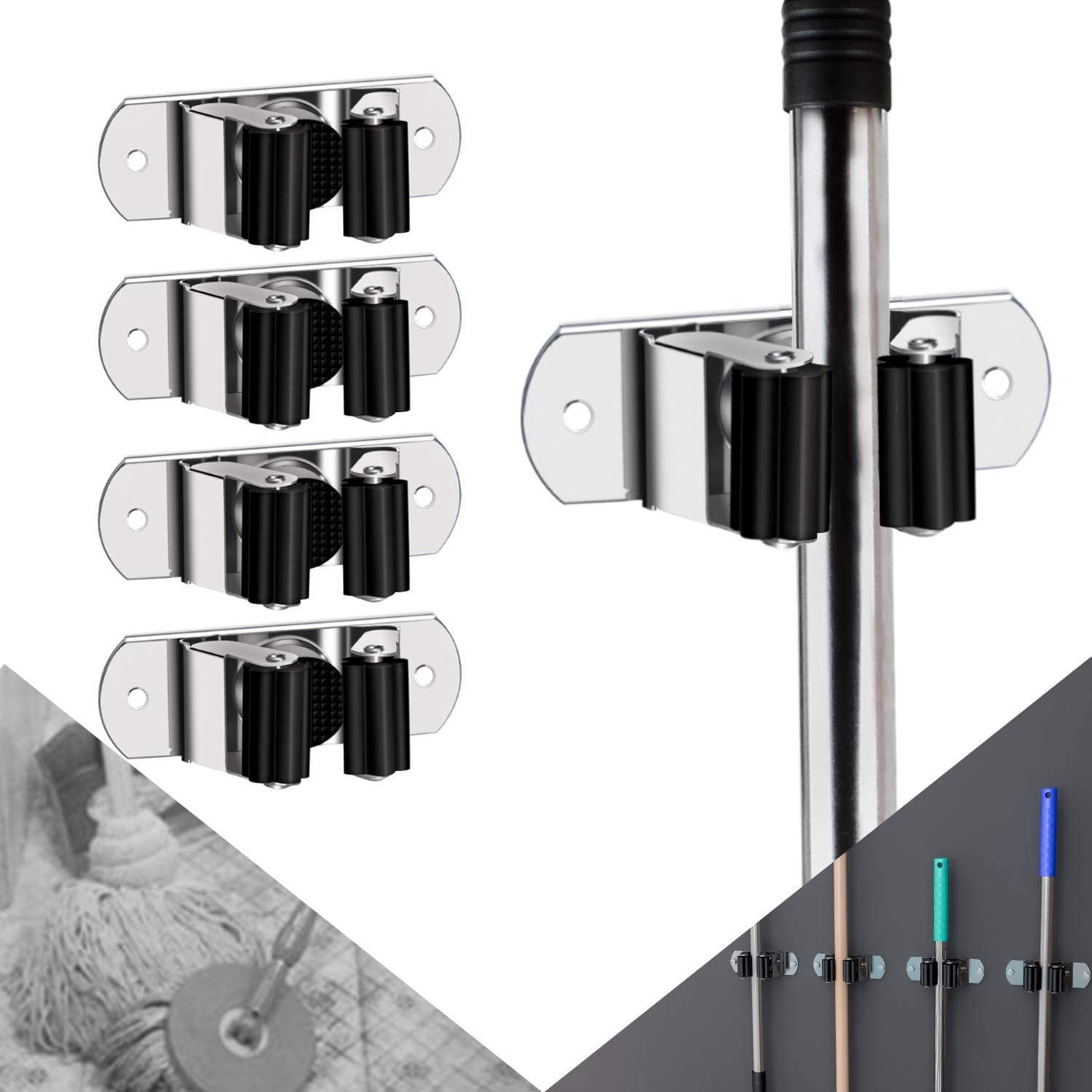 Magnetic Mop Holder, No Drilling Black Steel Tool Mount for Home, Kitchen, Laundry, Garage, Workshop - 2 Pack/Black