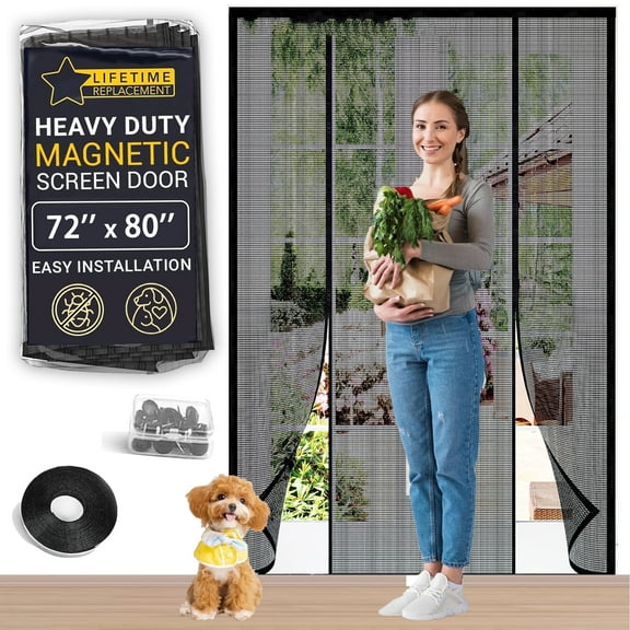 Magnetic Screen Door Double Open,Easy Install Window Screen for 72''x80'',Upgraded Mesh Self Sealing Closure No Gap,Hands Free Screen Door Mesh-Black