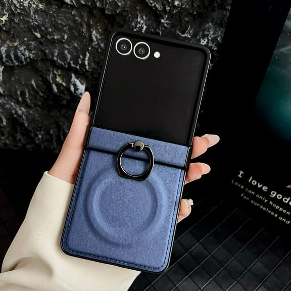 Magnetic for Motorola Razr+ 2023 Case with Ring Stand & Secure Finger Ring, [Wireless Charging Support] Shockproof PU Leather Case with Hinge Protection for Motorola Razr+ 2023, Blue
