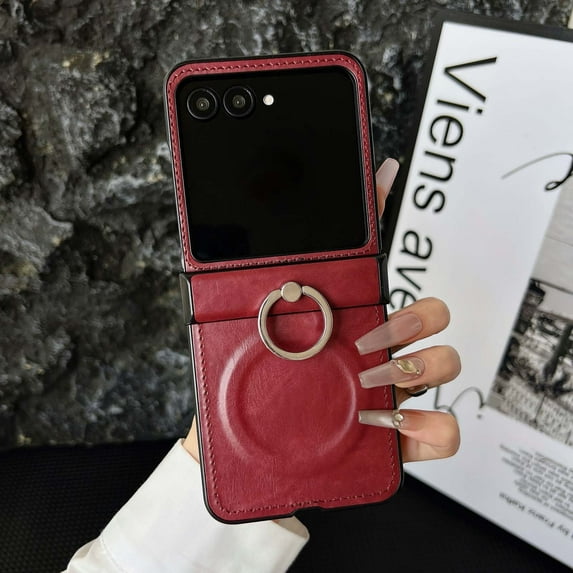 Magnetic For Motorola Razr 2024/2025 PU Leather Phone Case,Compatible with Mag-safe,With Rotatable Ring Kickstand,Hinge Protection,Shockproof Anti-fall Rugged Slim Phone Case,Red