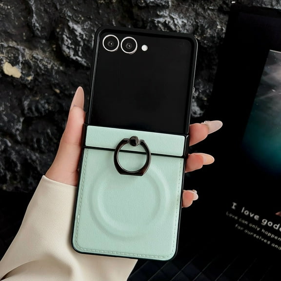Magnetic for Motorola Razr 60 Ultra Case with Ring Stand & Secure Finger Ring, [Wireless Charging Support] Shockproof PU Leather Case with Hinge Protection for Motorola Razr 60 Ultra, Lightgreen