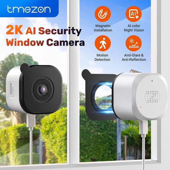 TMEZON 2K Window Cameras, USB , 105 Wide Horizontal Viewing Angle, AI Night Vision, HDR Anti-Glare Anti-Reflection, 24/7 Continuous Recording, Motion Detection