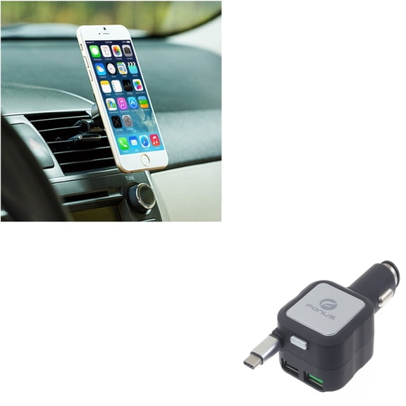 Magnetic Mount Holder w Retractable Car Charger K6X for Blackberry KEYone, Key2 LE - BLU G9, Vivo XI Plus 5 - CAT S61 S48c - Coolpad Legacy - Essential Phone (PH-1) - Google Pixel XL 3a XL 3