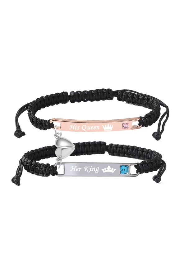 Magnetic Mutual Attraction Couple Bracelet Set, Matching Heart Charm Adjustable Rope Bracelets for Women & Men, Personalized Name Bar Bracelet, Custom Couple Bracelets, Long Distance Gift