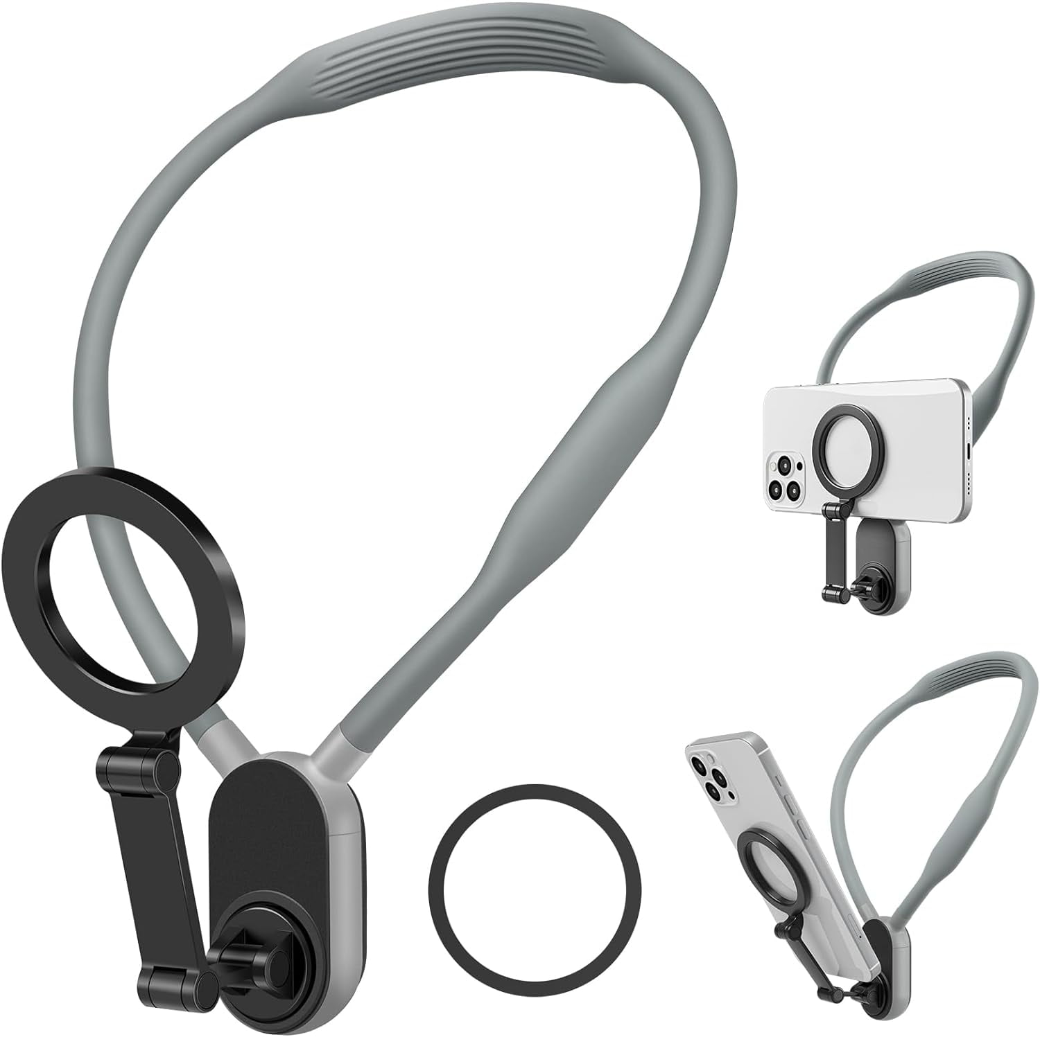 Magnetic Neck Cell Phone Holder, Neck Phone Holder POV/Vlog Selfie Mount, Hand Free Phones Neck Holder Chest Stand Video Recording for iPhone 15 14 13 12 and Android Smartphone (Grey)