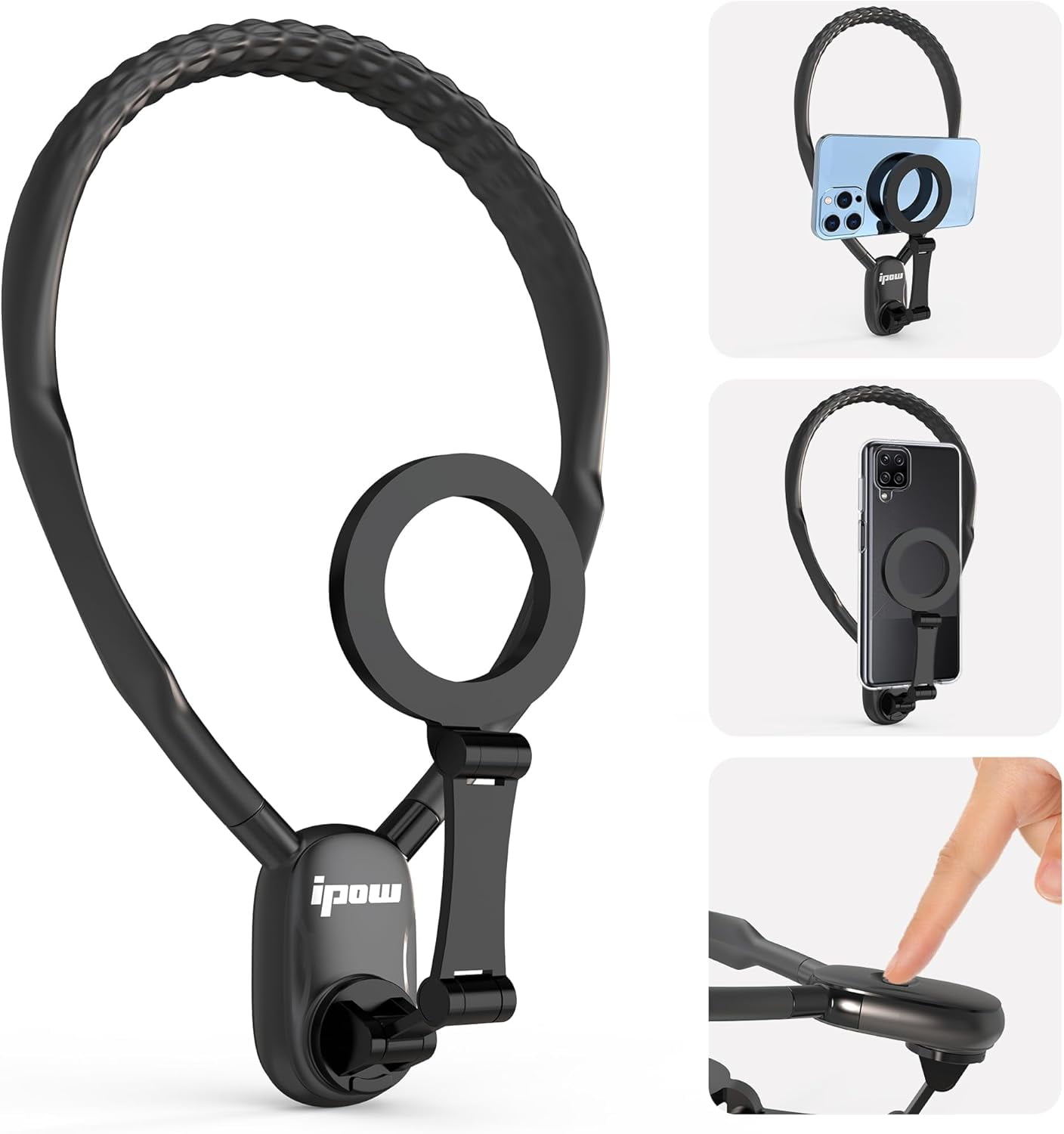 Magnetic Neck Mount for Phones, Neck Cell Phone Holder POV/Vlog Selfie Mount Hand Free Phone Neck Holder Chest Stand Strap Video Recording for iPhone 15 14 13 12 Seires, Black