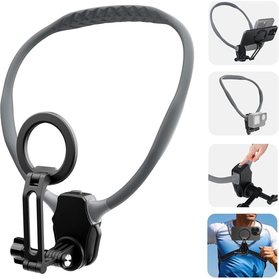 Magnetic Neck Phone Holder, Hands Free POV Vlog Recording, with Chest Strap, for iPhone Android GoPro Insta360