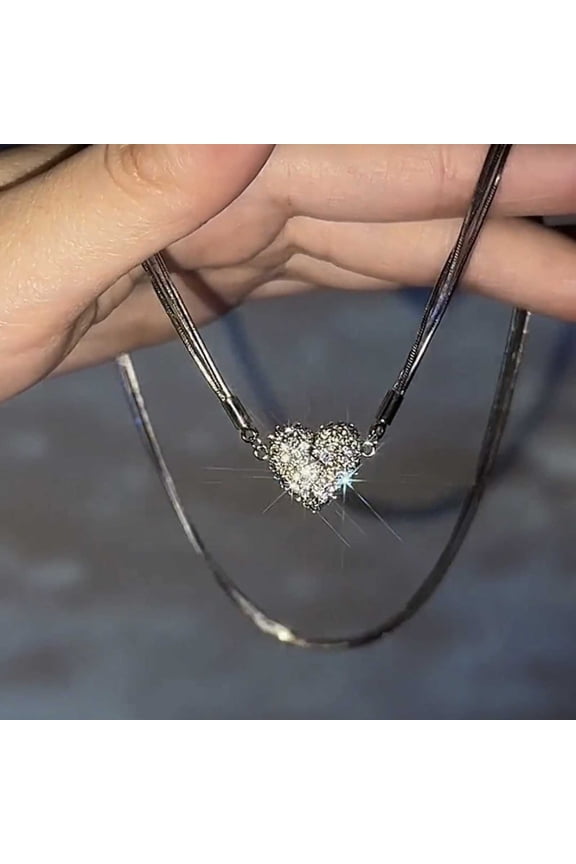 Magnetic Necklace, Gaqring Multi-Layer Studded Heart Clavicle Chain, Magnetic Patchwork Temperament Jewelry Gift for Loved Ones, Silver