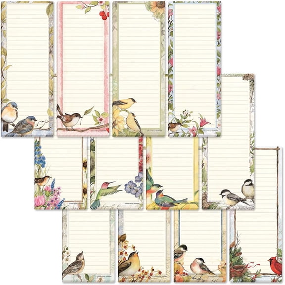 Magnetic Notepad Set | Seasonal Birds, 12 Count, 12 Designs, 30-Sheets per notepadad, 2" x 6", Shopping List, To-Do Notes, Printed in The USA