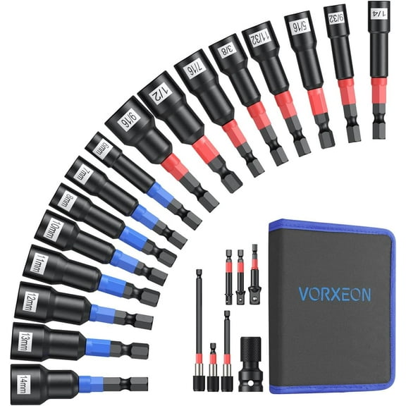 Magnetic Nut Driver Set Metric and SAE Length 65 mm, 23 PCS Impact Drill Driver Bit Set With Socket And Wrenche Adapters, Quick Release Extention, 6 mm to 14 mm And 1/4" to 9/16 "