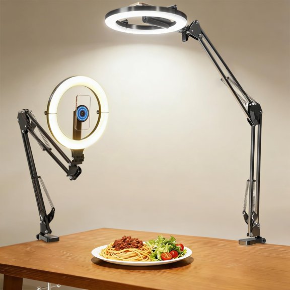 Magnetic Overhead Phone Mount with 10 Ring Light, 5000mAh Flexible Articulating Circle Lamp Table Tripod, iPhone Stand for Video Recording Cooking Nail, Zoom Meeting, Live Streaming Tiktok