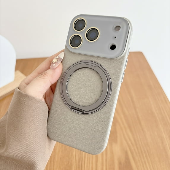 Magnetic PU Leather Case for iPhone 13 Pro with Ring Kickstand Holder, Acrylic Camera Cover & Lens Protector, Luxury Ultra Slim Shockproof Wireless Charging Protective Phone Case, Gray