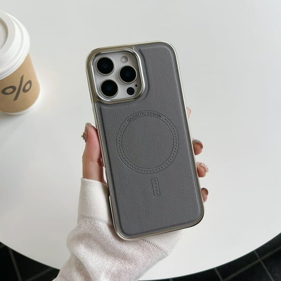 Magnetic PU Leather Case for iPhone 14 Compatible with Mag-Safe, Elegant PU Leather Soft Shockproof Protective Plating Frame Slim Phone Cover for iPhone 14 6.1", Gray
