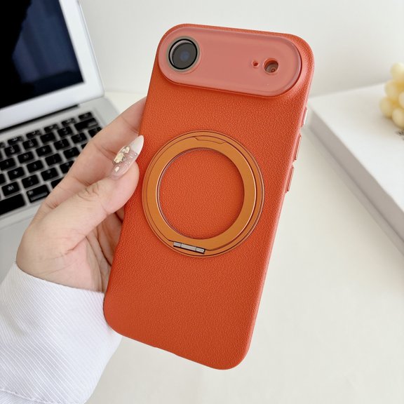Magnetic PU Leather Case for iPhone Air with Ring Kickstand Holder, Acrylic Camera Cover & Lens Protector, Luxury Ultra Slim Shockproof Wireless Charging Protective Phone Case, Orange